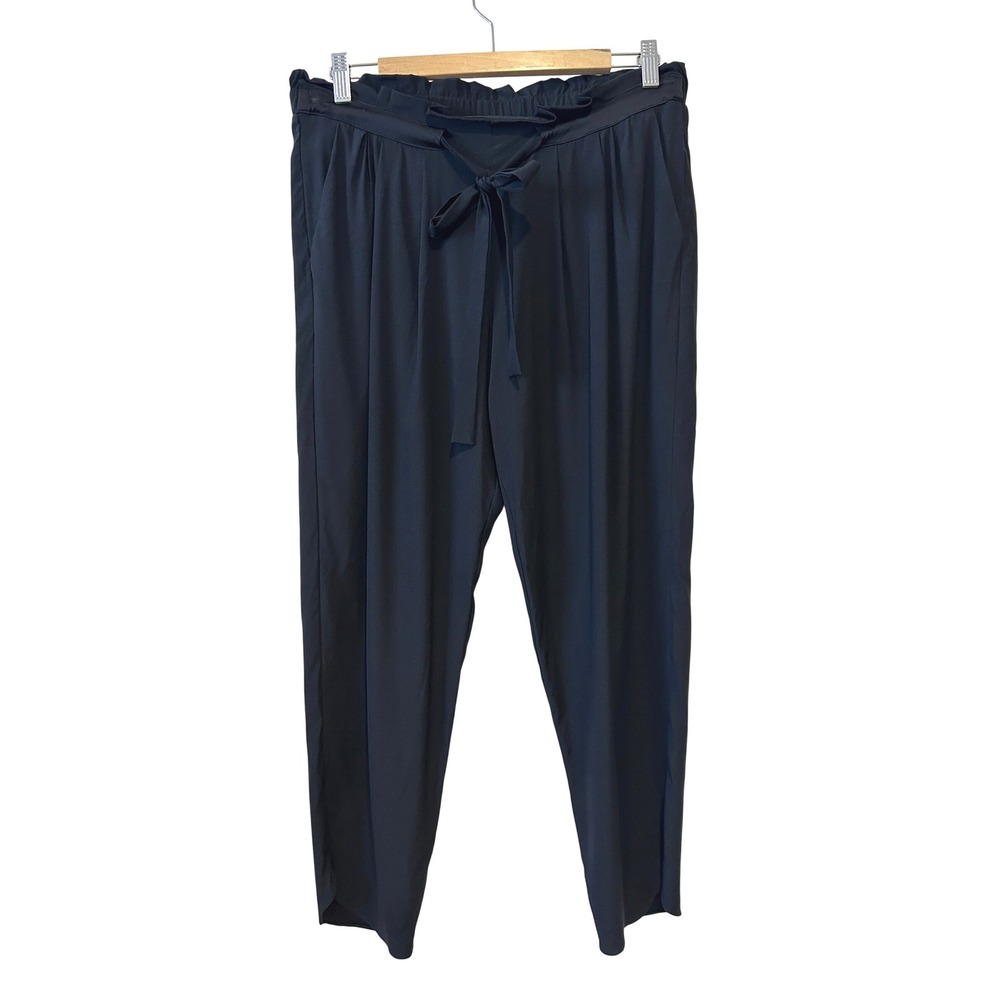 Ramy Brook Allyn Stretch Silk Pants L Black Paperbag Waist Tie Minimalist Career